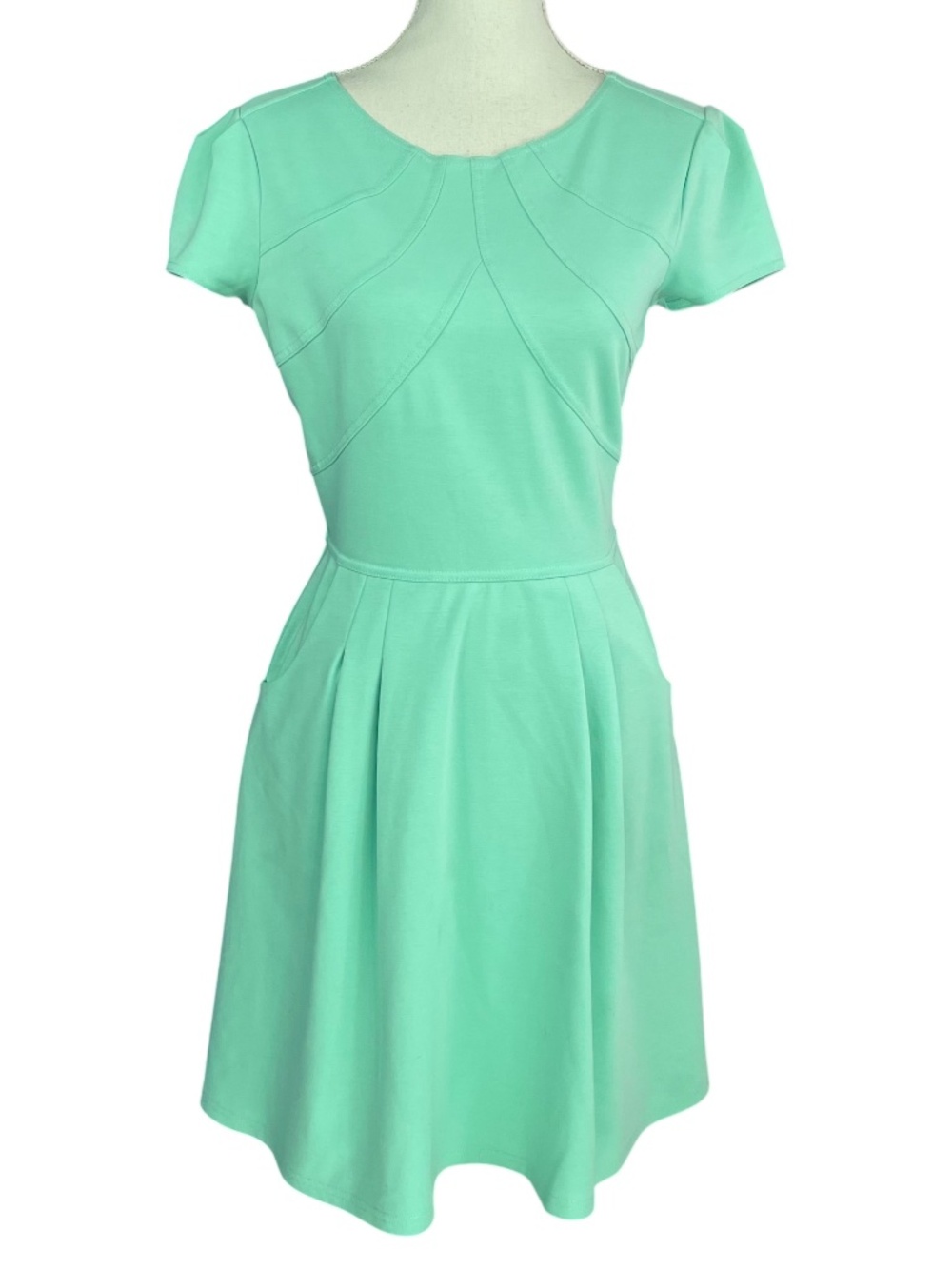 Mint Paneled A-Line Dress S Alex Marie Short Sleeve Pockets Skater Green Seafoam